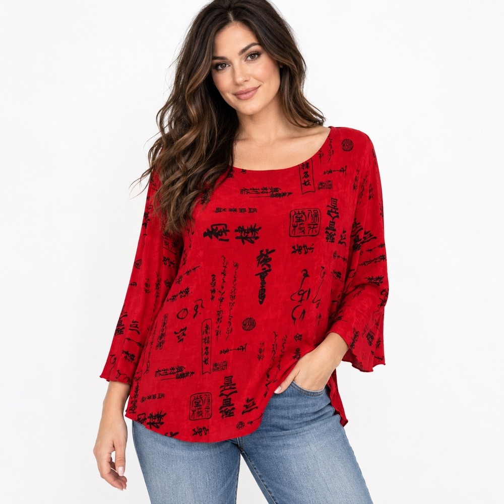 Vintage Ananda 90s L Red Black Calligraphy lScoop Neck Blouse Asian Global